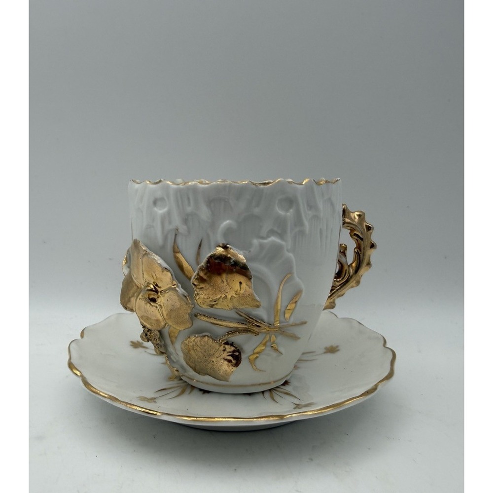Antique Victorian Porcelain Cup &‎ Saucer Gold Gilt Applied Leaves Floral